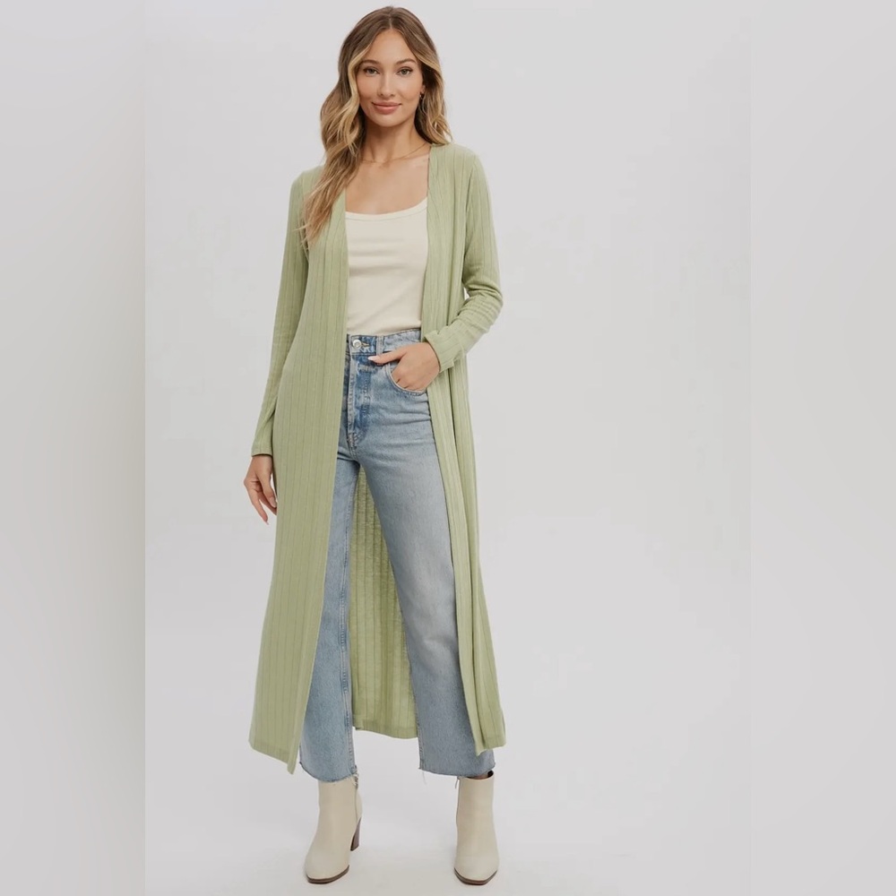 Cardigan / Lightweight Ribbed Olive Open Cardigan